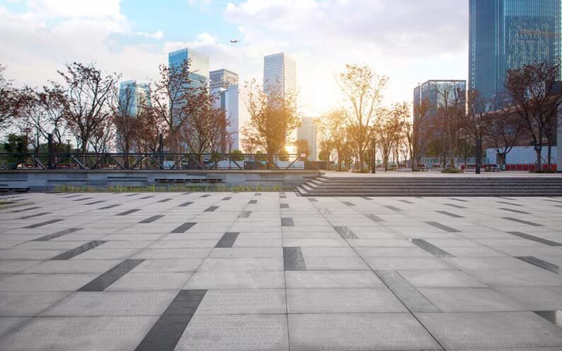 empty floor with modern skyline buildings