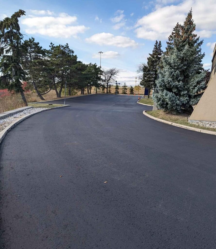 Newly paved curving road with evergreen trees beside an office building under a cloudy sky.